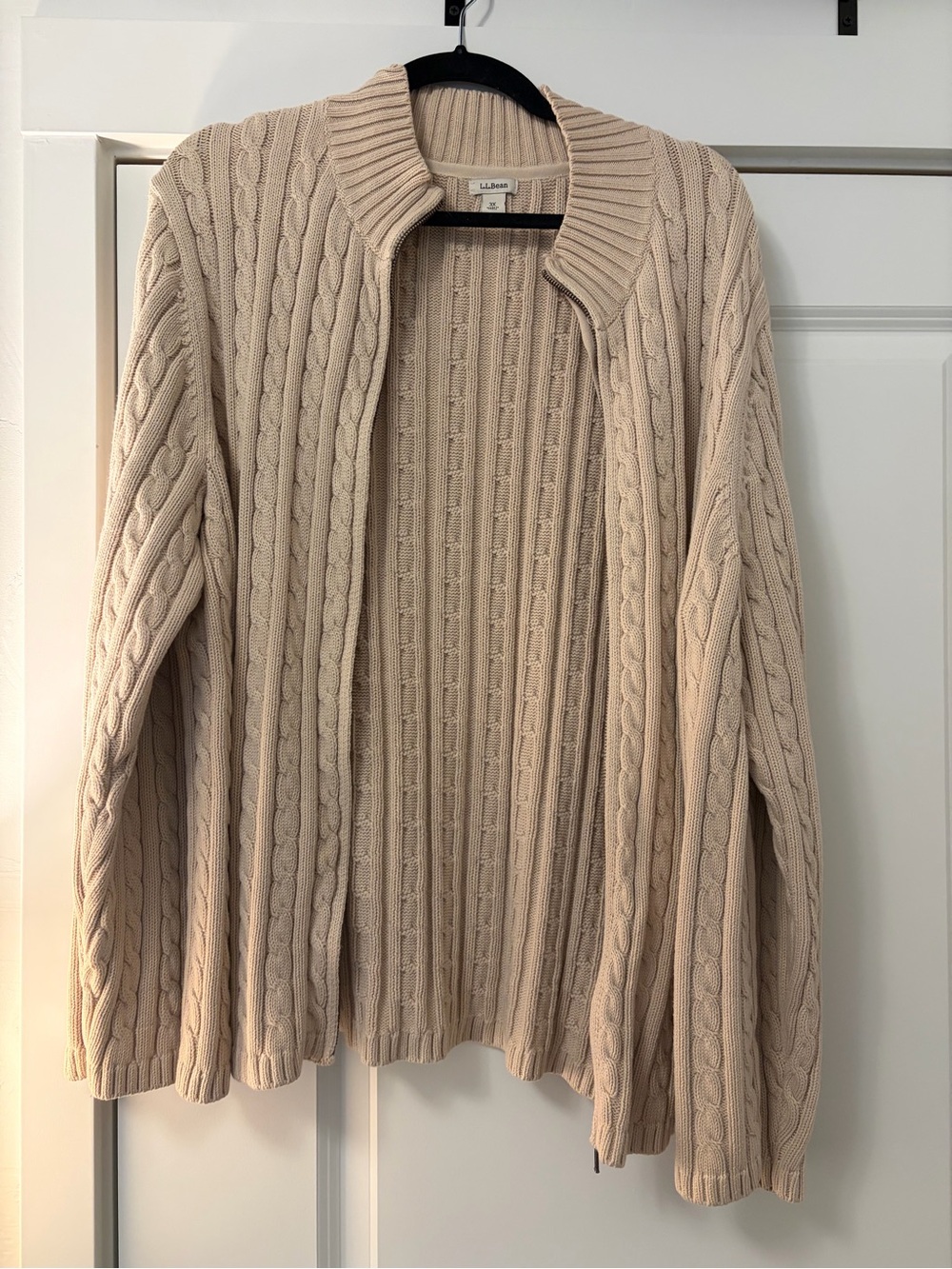 L.L. Bean Women's Beige Cable-Knit Zip-Front Cardigan
